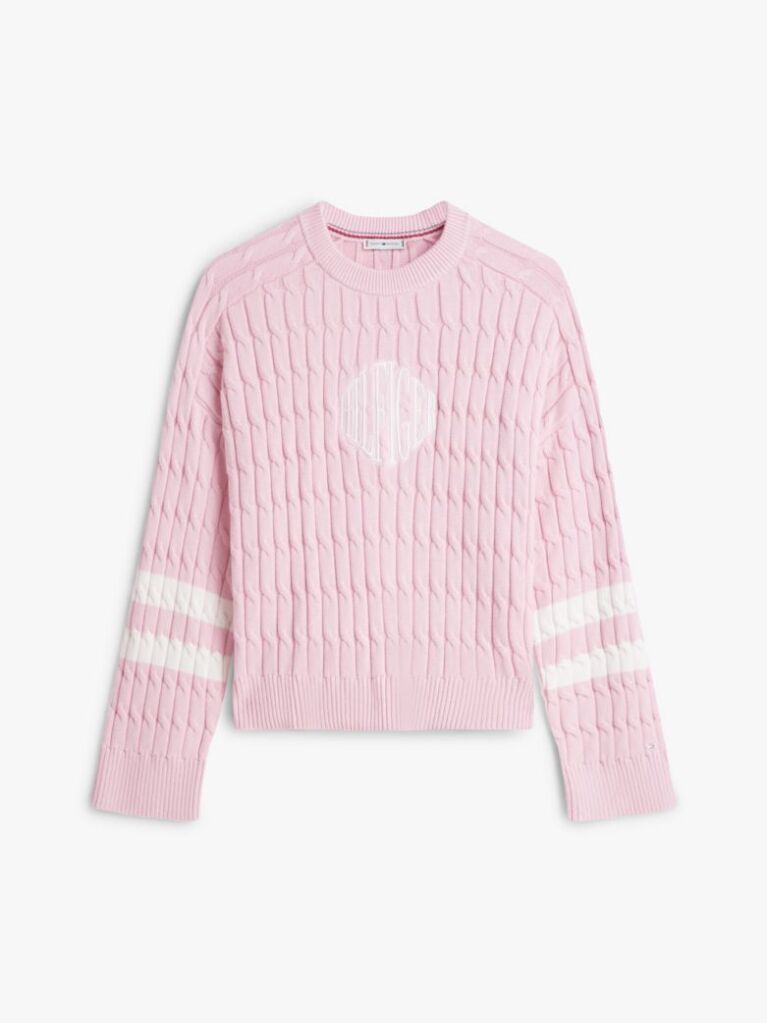Pink Logo Embroidery Relaxed Cable Knit Jumper  Women