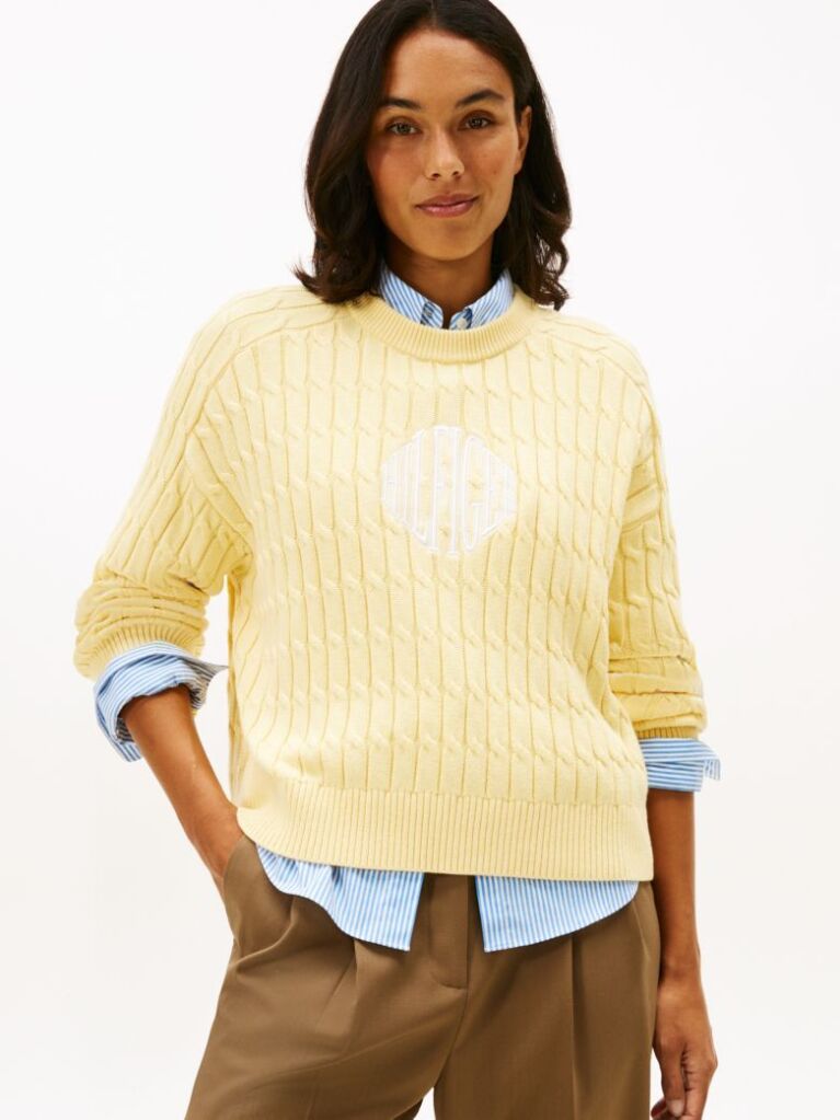Yellow Logo Embroidery Relaxed Cable Knit Jumper  Women
