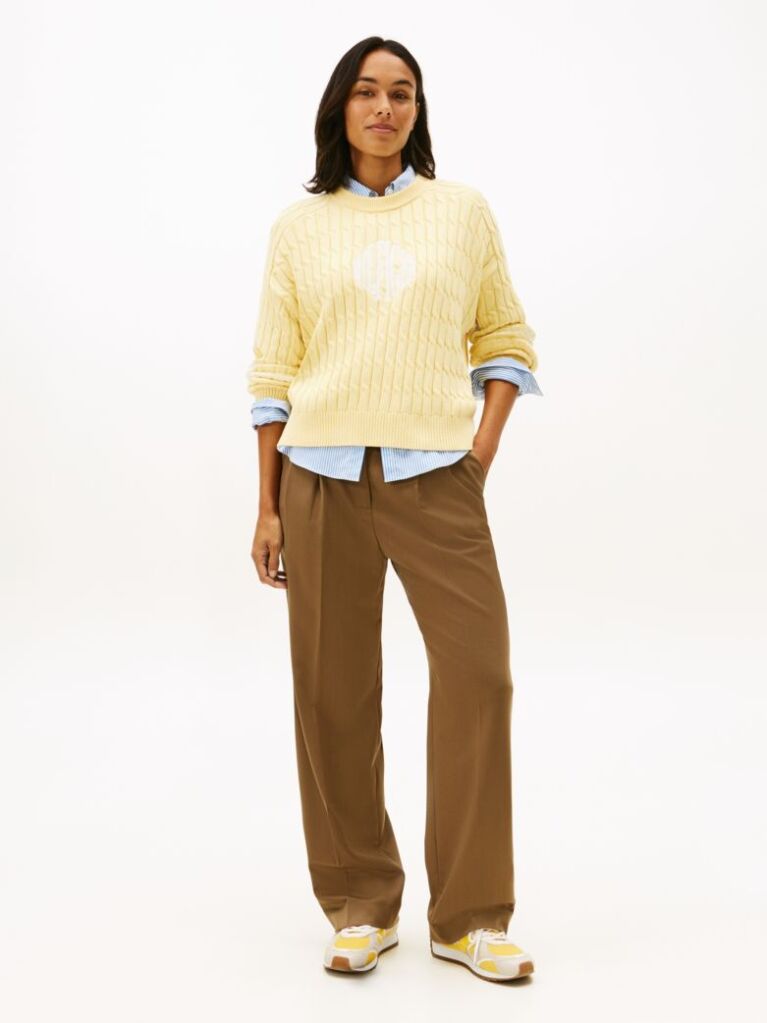 Yellow Logo Embroidery Relaxed Cable Knit Jumper  Women