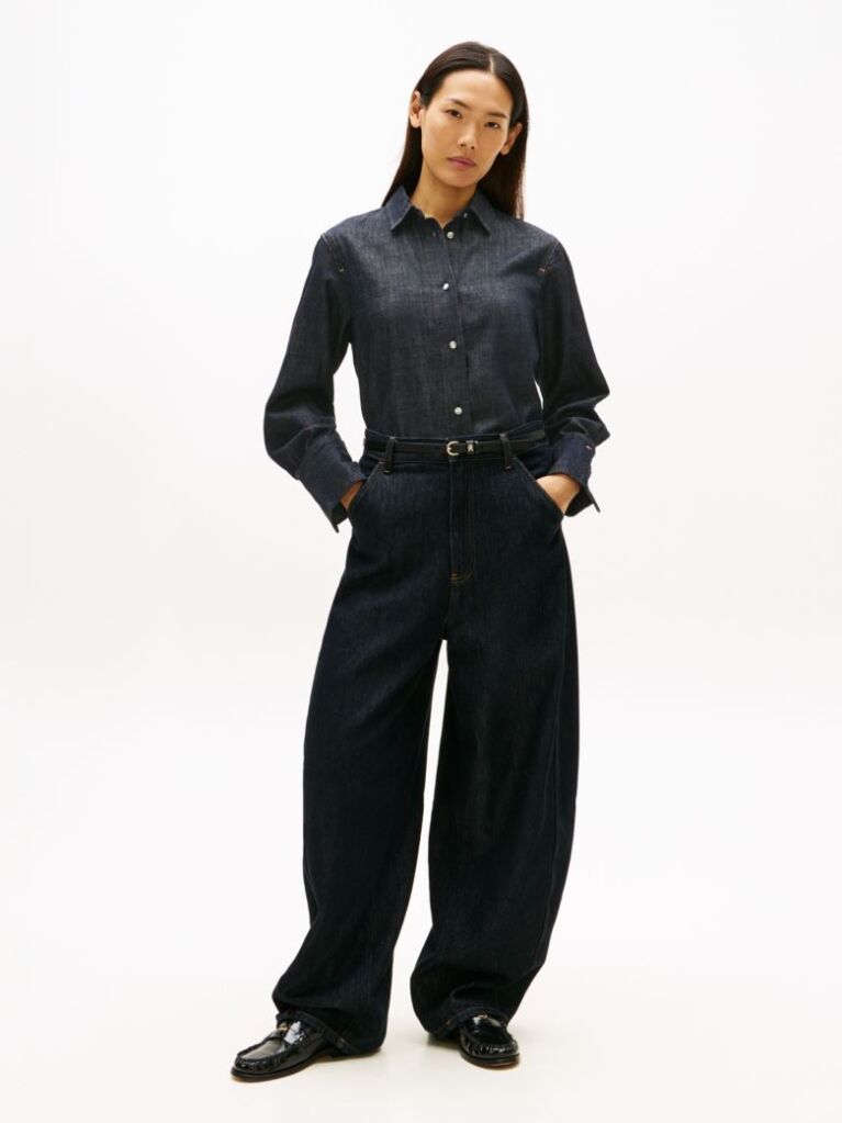 Blue Relaxed Fit Flag Embroidery Denim Shirt  Women