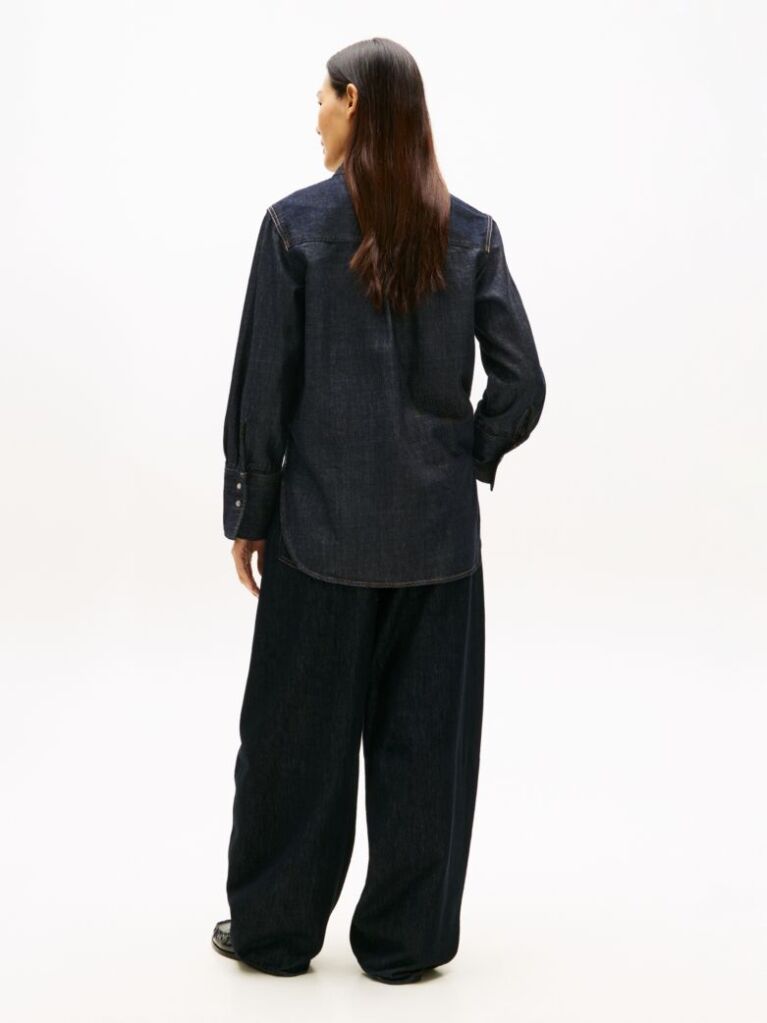 Blue Relaxed Fit Flag Embroidery Denim Shirt  Women