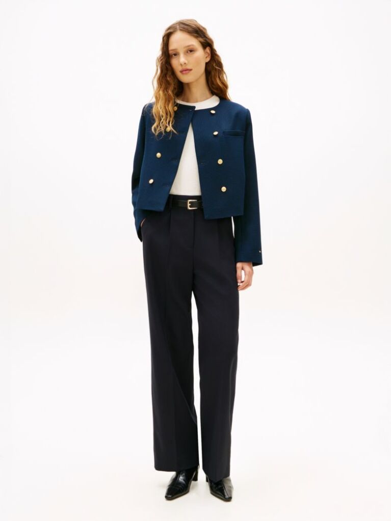 Blue Textured Wool Blend Double Breasted Jacket  Women