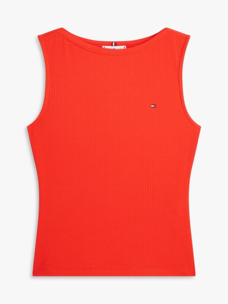 Red Ribbed Slim Boat Neck Tank Top  Women