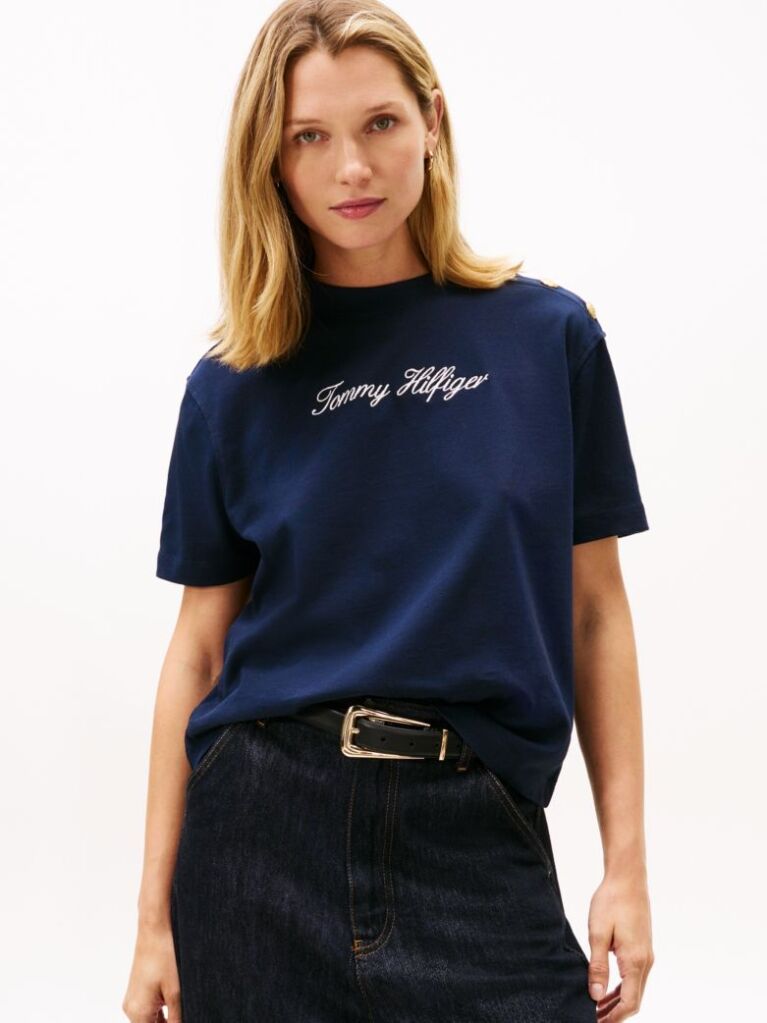 Μπλε Άνετο T-Shirt Mε Κεντημένο Λογότυπο Και Χρυσά Κουμπιά  Γυναίκες