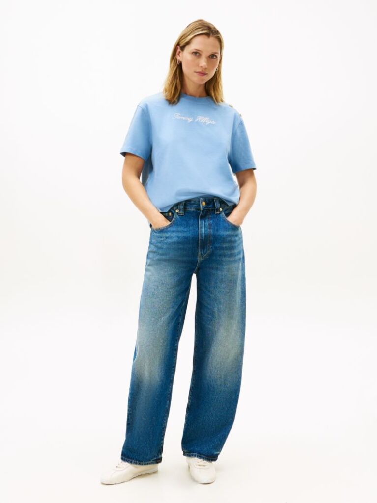 Blue Gold-Tone Button Logo Embroidery Relaxed T-Shirt  Women