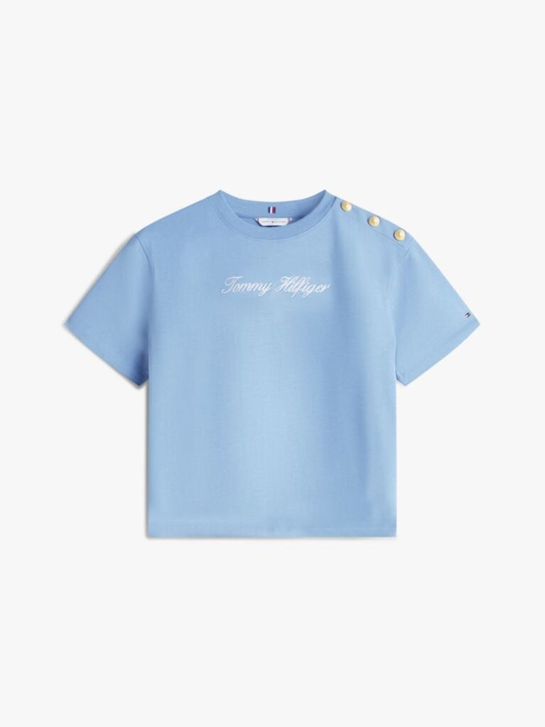 Blue Gold-Tone Button Logo Embroidery Relaxed T-Shirt  Women