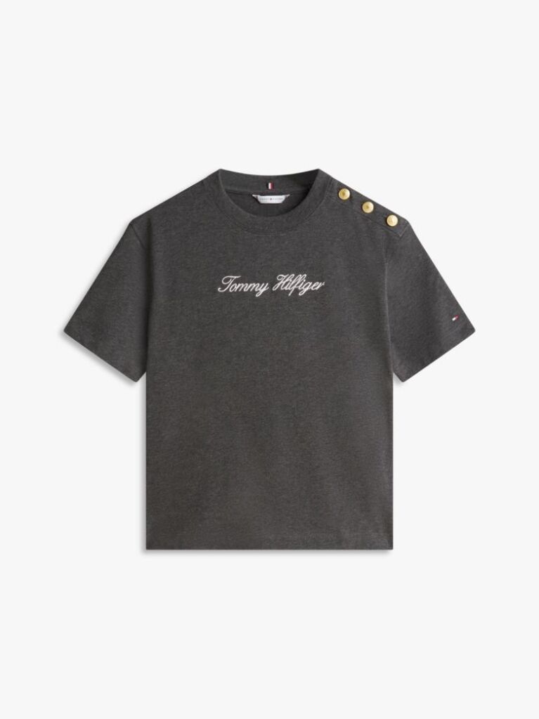 Grey Gold-Tone Button Logo Embroidery Relaxed T-Shirt  Women