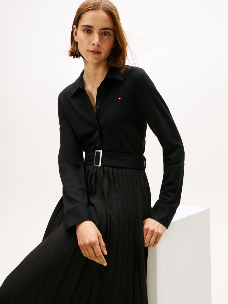 Black Interlock Mix Media Long Sleeve Polo Dress  Women