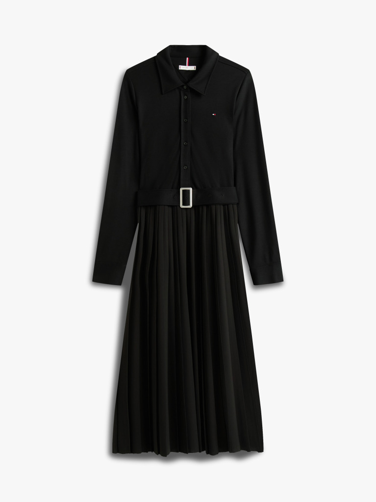 Black Interlock Mix Media Long Sleeve Polo Dress  Women