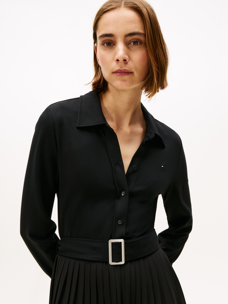 Black Interlock Mix Media Long Sleeve Polo Dress  Women