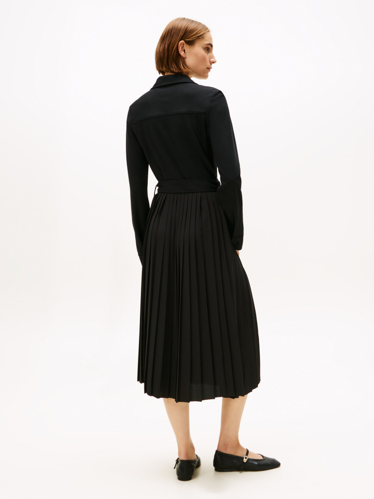 Black Interlock Mix Media Long Sleeve Polo Dress  Women