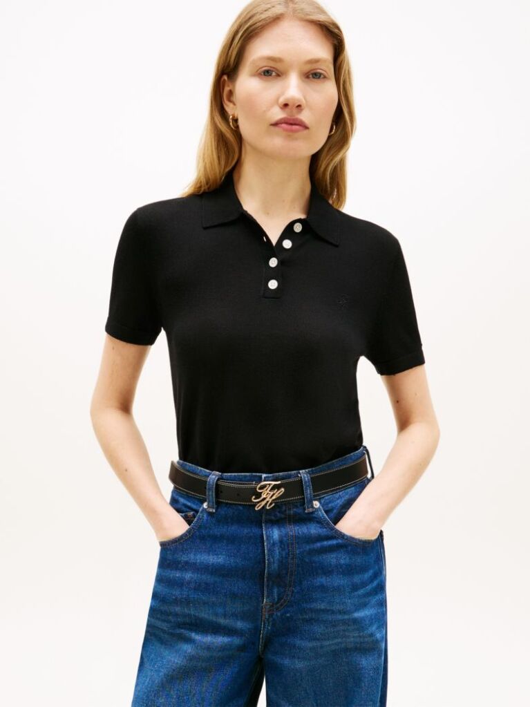 Black Short Sleeve Polo Jumper With Silk  Women