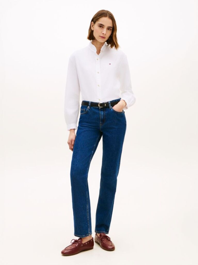 White Five-Pocket Mid Rise Straight Leg Jeans  Women