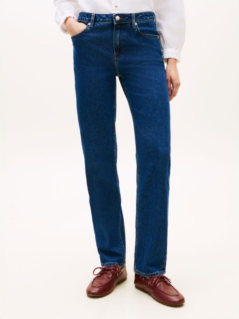 White Five-Pocket Mid Rise Straight Leg Jeans  Women