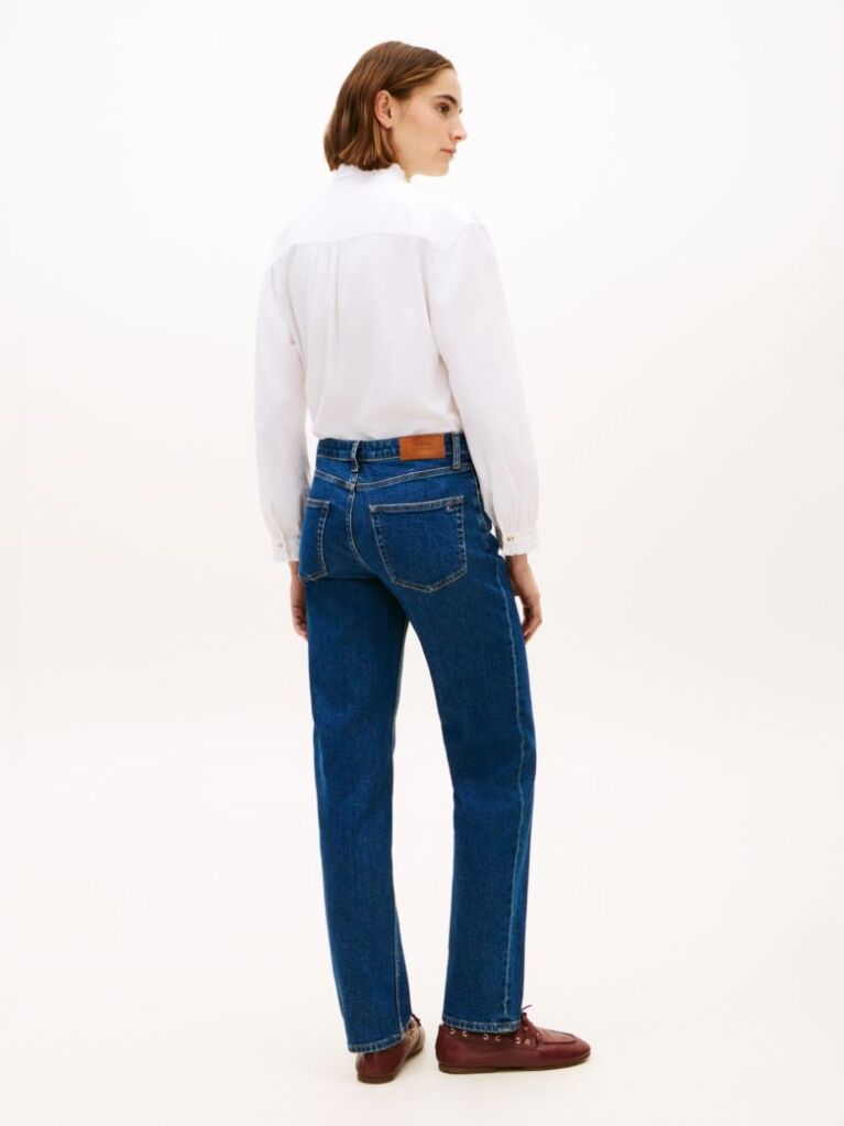 White Five-Pocket Mid Rise Straight Leg Jeans  Women