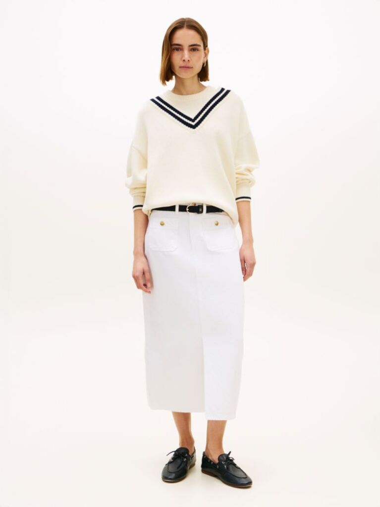 White Gold-Tone Button White Denim Midi Skirt  Women