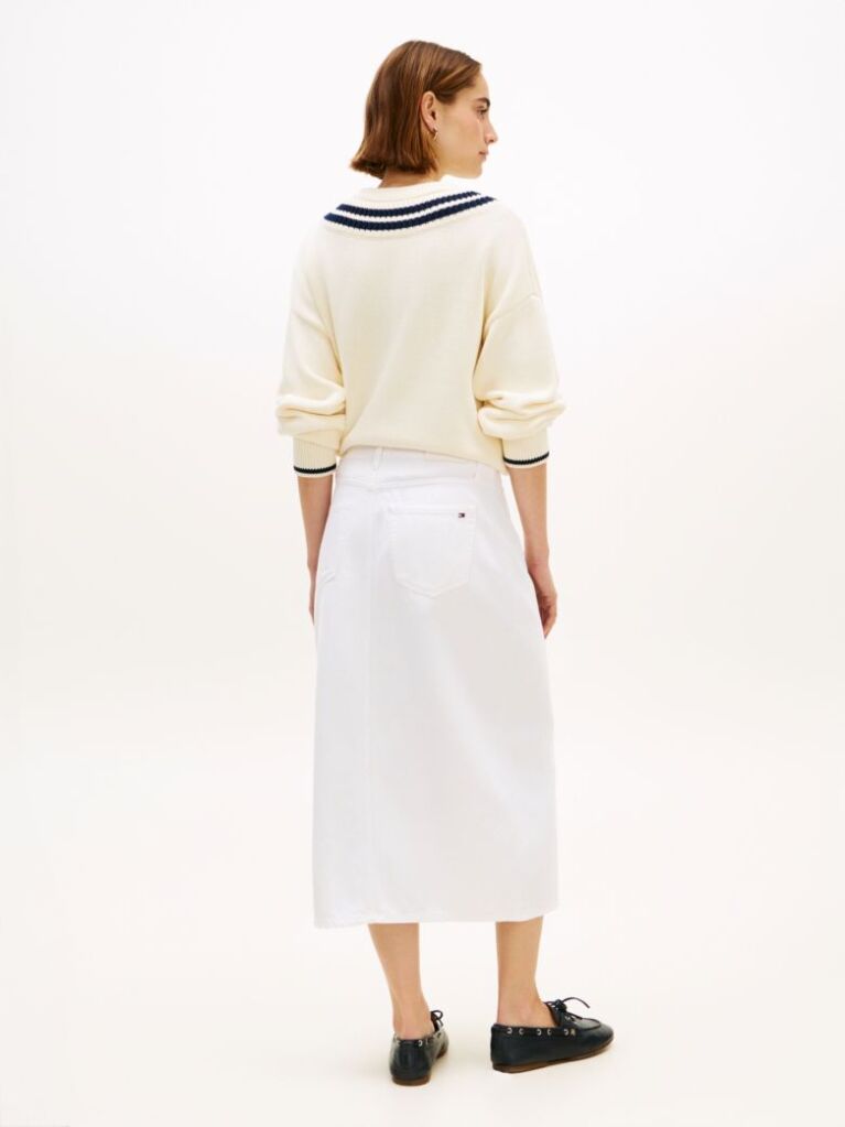 White Gold-Tone Button White Denim Midi Skirt  Women