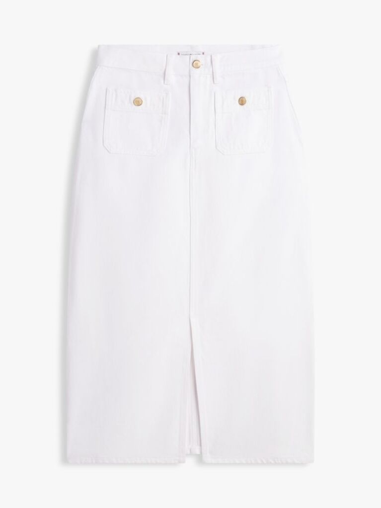 White Gold-Tone Button White Denim Midi Skirt  Women