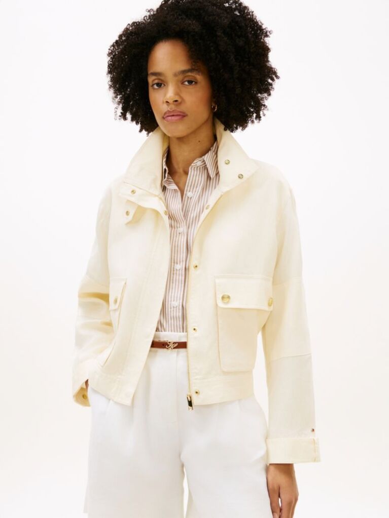 Beige Gold-Tone Button Pure Linen Utility Jacket  Women