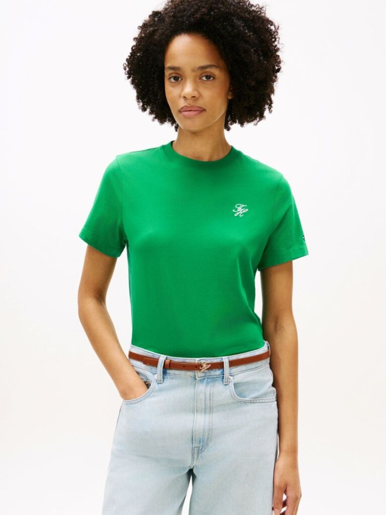 Green Logo Embroidery Jersey Crew Neck T-Shirt  Women