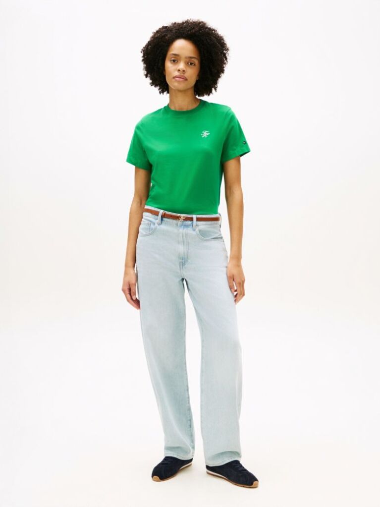 Green Logo Embroidery Jersey Crew Neck T-Shirt  Women