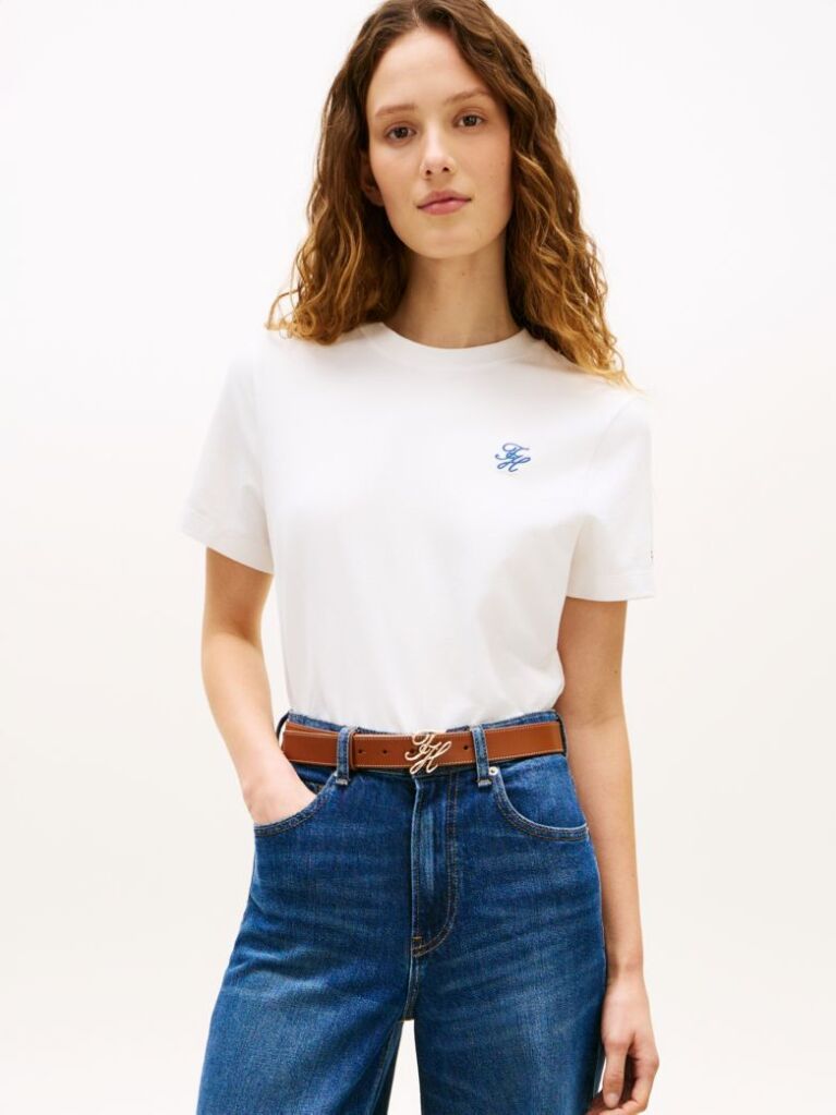 White Logo Embroidery Jersey Crew Neck T-Shirt  Women