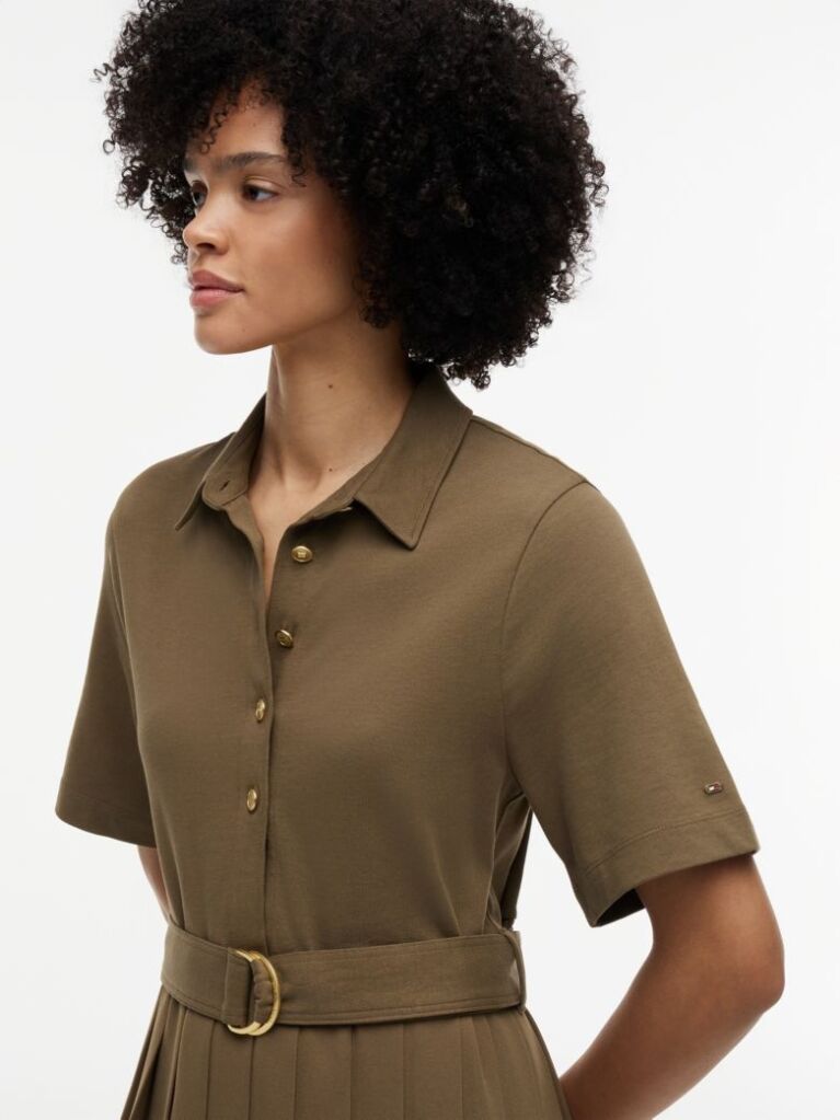 Green Gold-Tone Button Midi Shirt Dress  Women