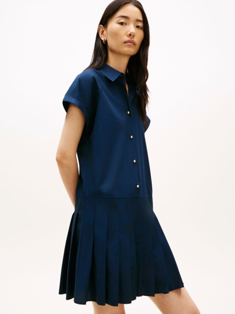 Blue Gold-Tone Button Relaxed Mini Shirt Dress  Women