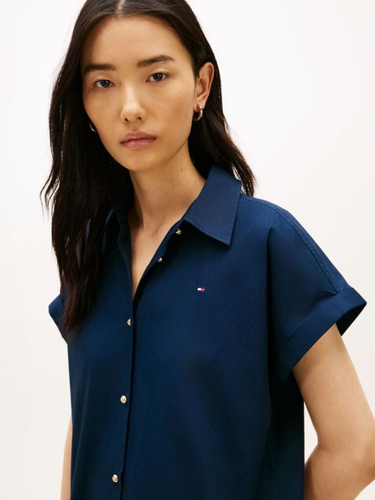Blue Gold-Tone Button Relaxed Mini Shirt Dress  Women