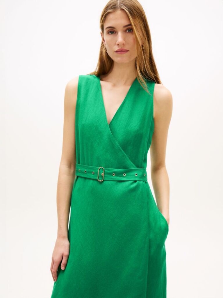 Green Belted Linen Blend Sleeveless Wrap Midi Dress  Women