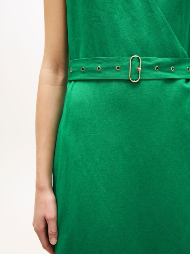 Green Belted Linen Blend Sleeveless Wrap Midi Dress  Women