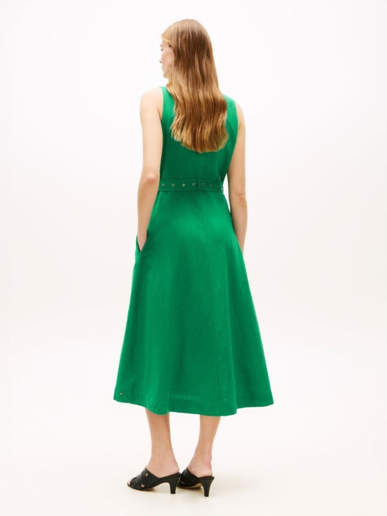 Green Belted Linen Blend Sleeveless Wrap Midi Dress  Women