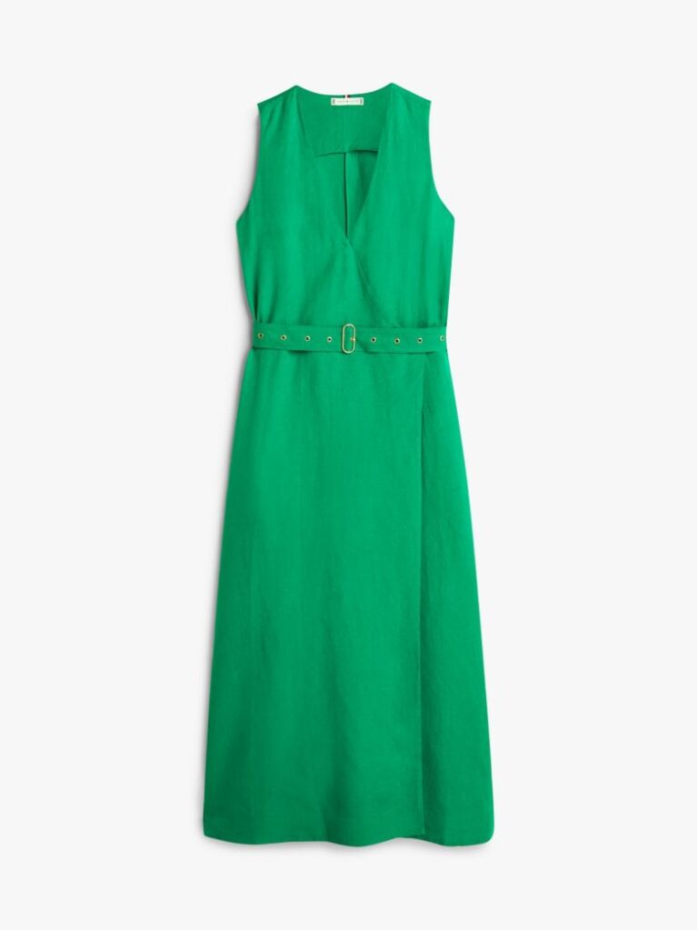 Green Belted Linen Blend Sleeveless Wrap Midi Dress  Women