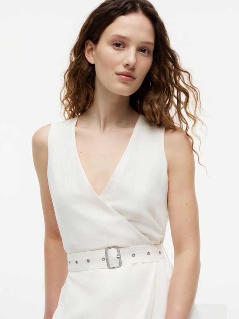 White Belted Linen Blend Sleeveless Wrap Midi Dress  Women