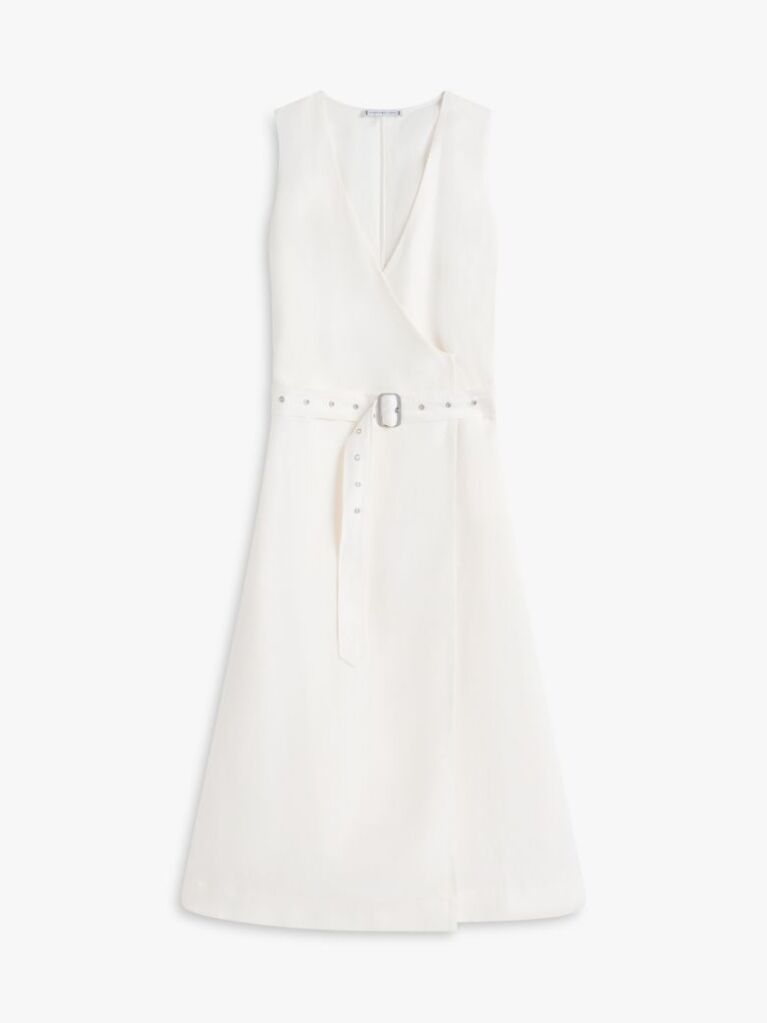 White Belted Linen Blend Sleeveless Wrap Midi Dress  Women