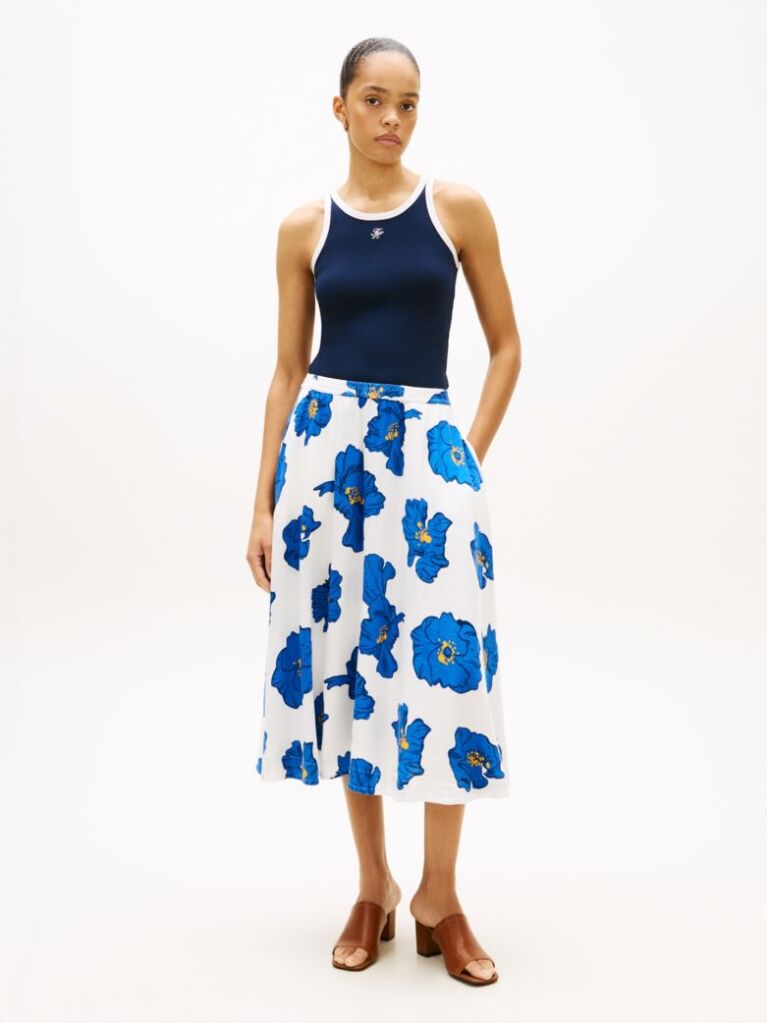 Multi Pleated Linen Blend Midi A-Line Skirt  Women