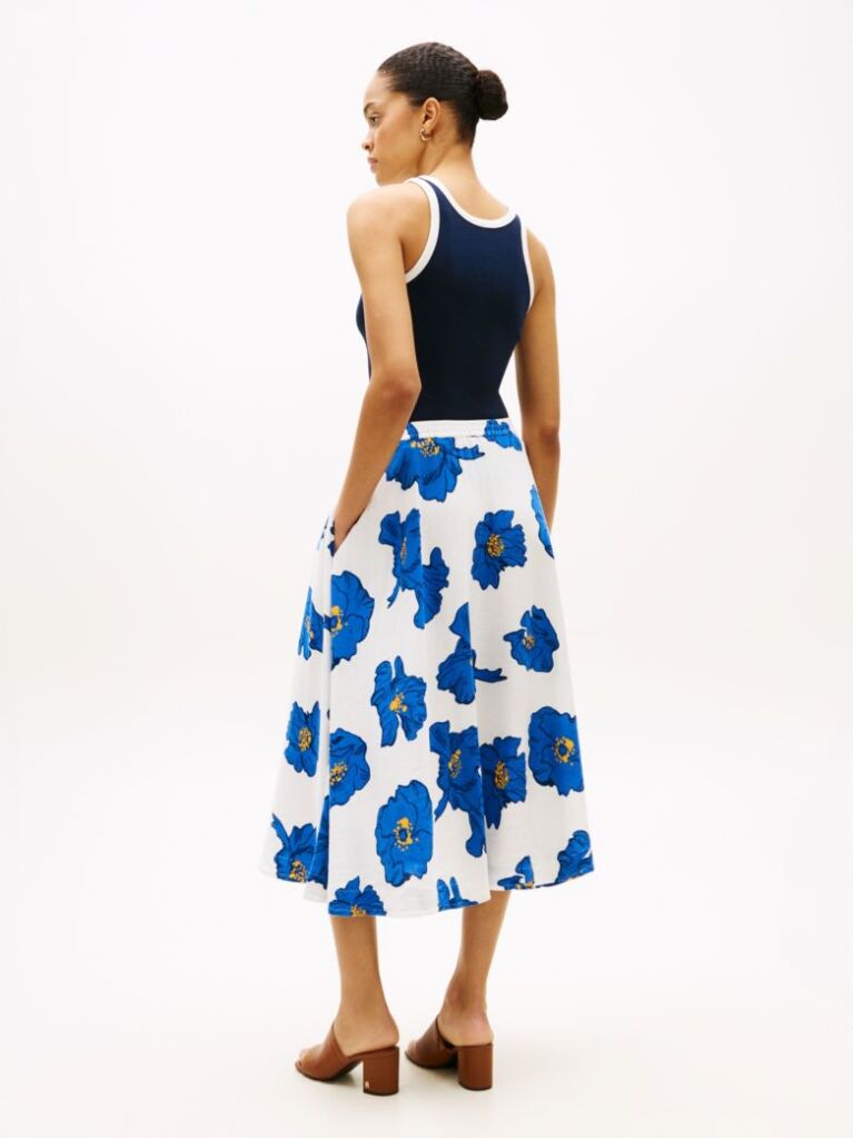 Multi Pleated Linen Blend Midi A-Line Skirt  Women