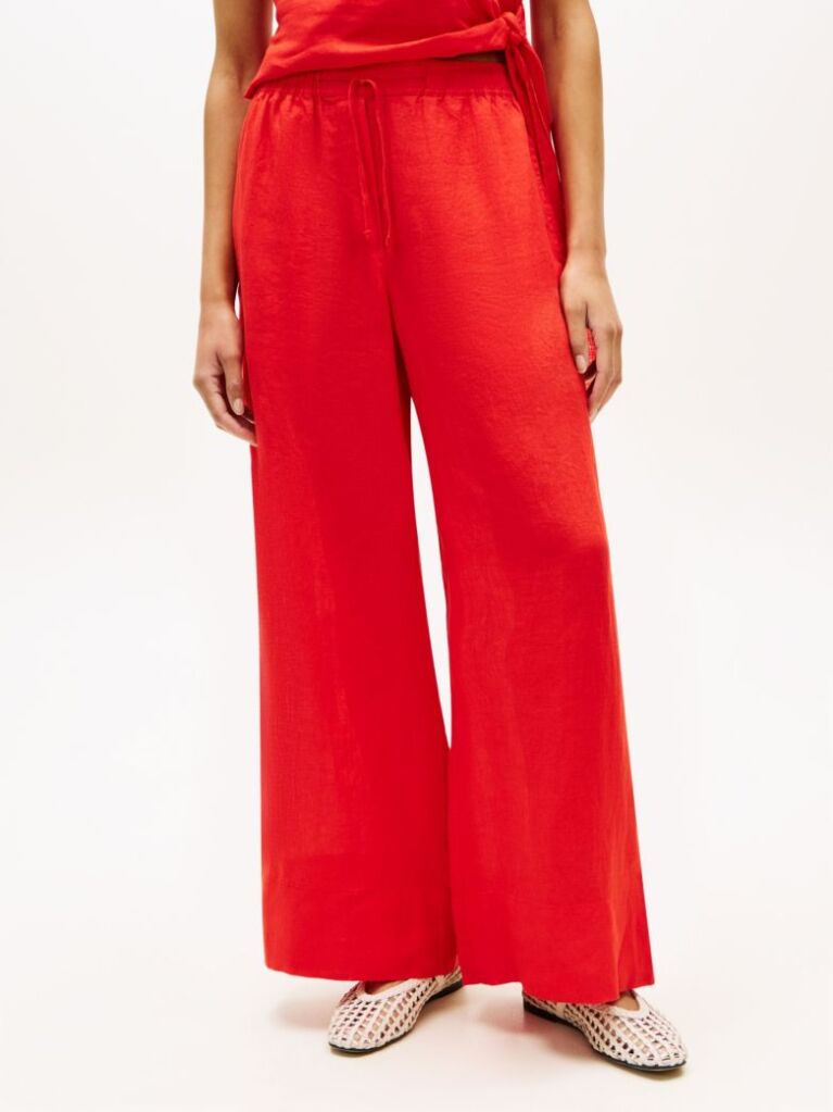 Red Relaxed Wide Leg Pure Linen Trousers  Women