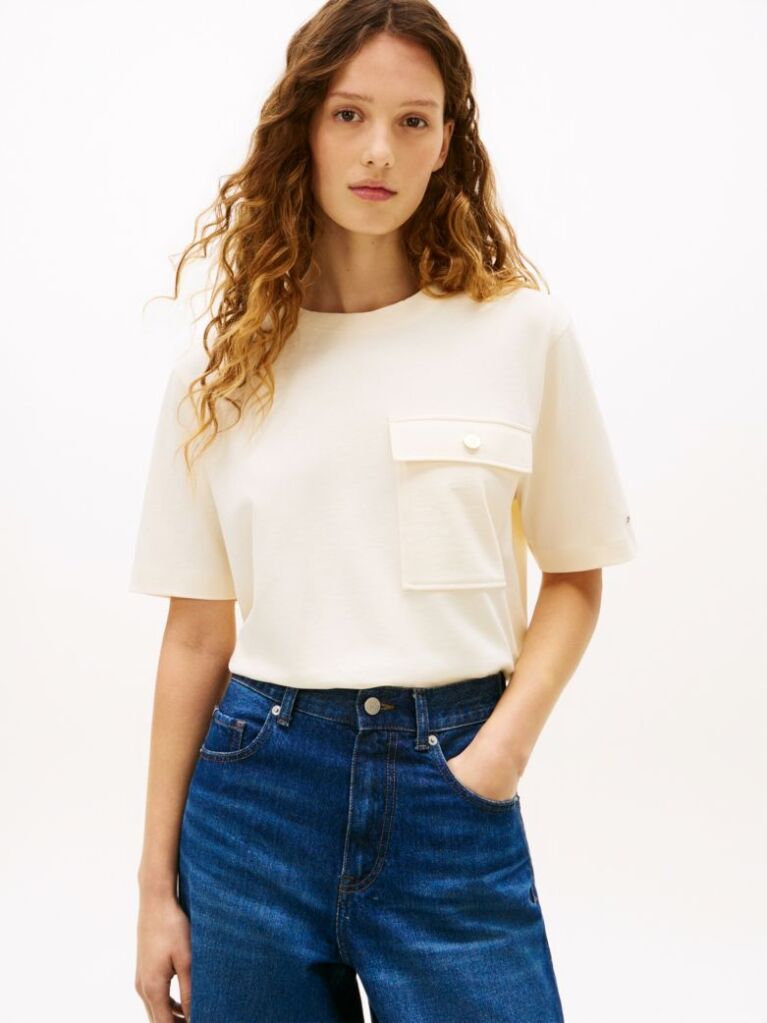 Beige Gold-Tone Button Pocket Relaxed T-Shirt  Women