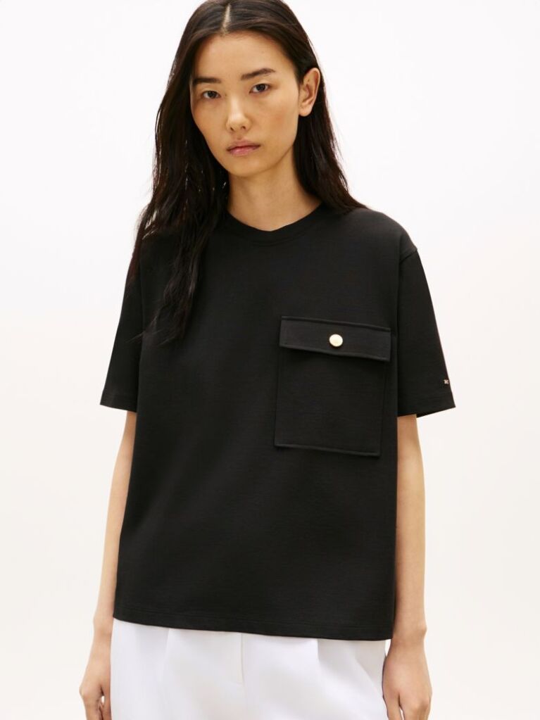 Black Gold-Tone Button Pocket Relaxed T-Shirt  Women