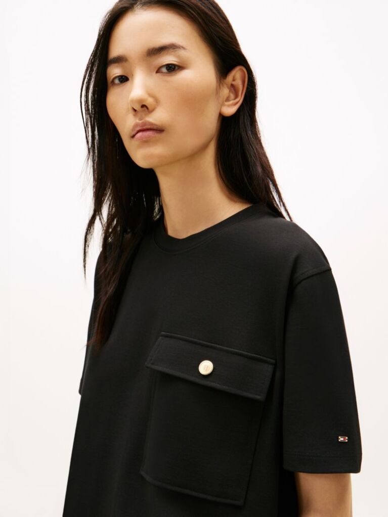 Black Gold-Tone Button Pocket Relaxed T-Shirt  Women