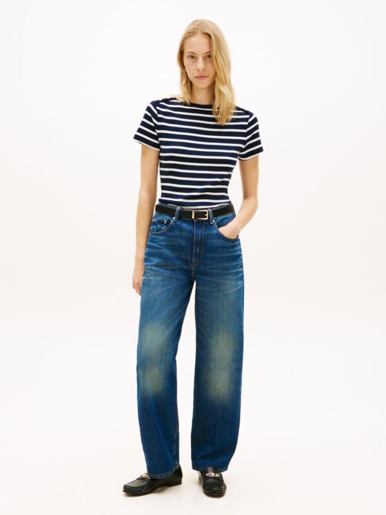 Multi Gold-Tone Button Slim Boat Neck T-Shirt  Women