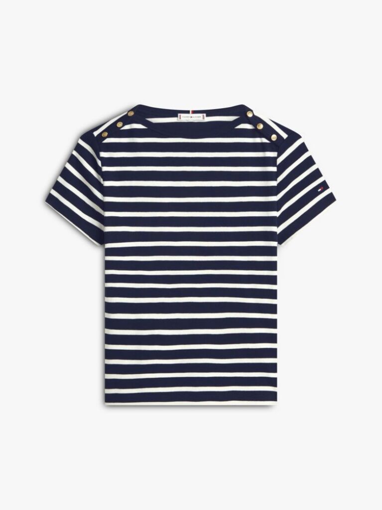 Multi Gold-Tone Button Slim Boat Neck T-Shirt  Women