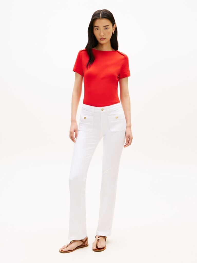 Red Gold-Tone Button Slim Boat Neck T-Shirt  Women