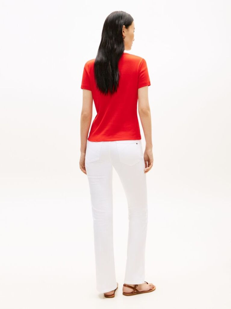 Red Gold-Tone Button Slim Boat Neck T-Shirt  Women