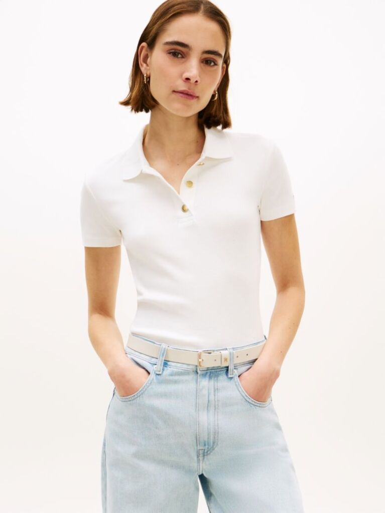 White Slim Fit Gold-Tone Button Polo Shirt  Women