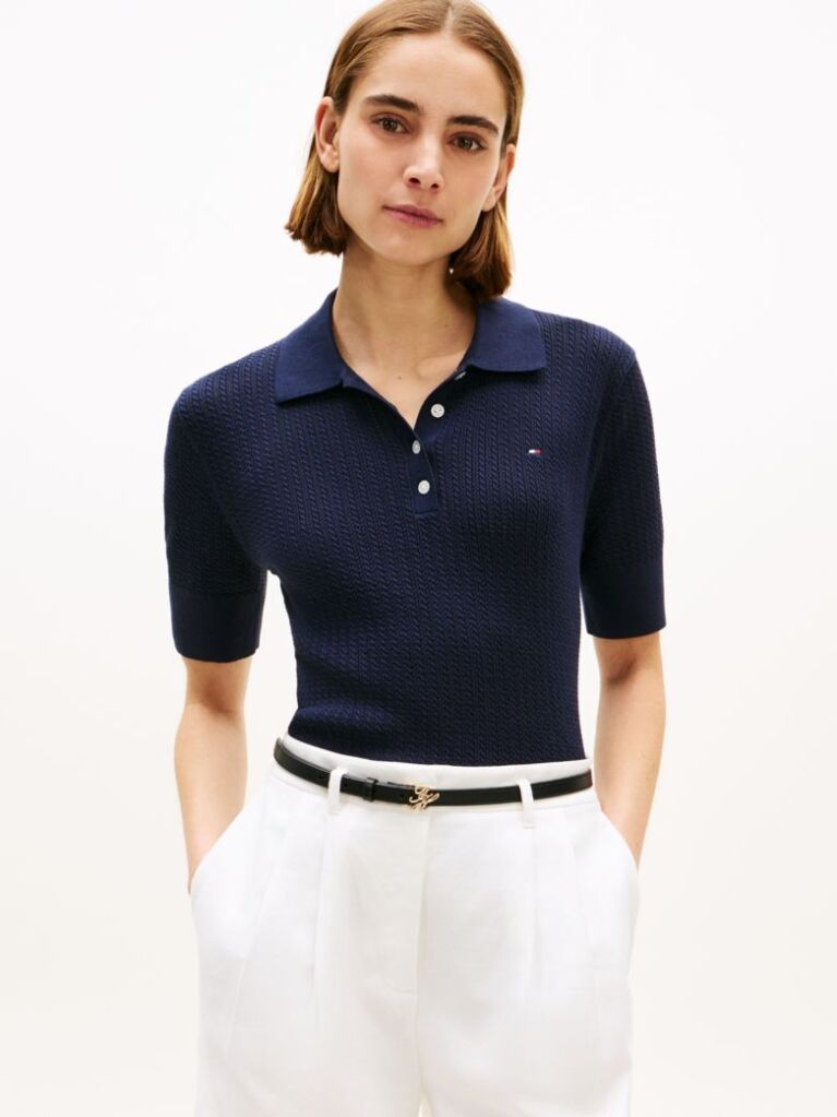 Blue Pointelle Short Sleeve Polo Jumper  Women