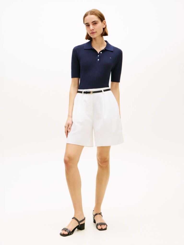 Blue Pointelle Short Sleeve Polo Jumper  Women