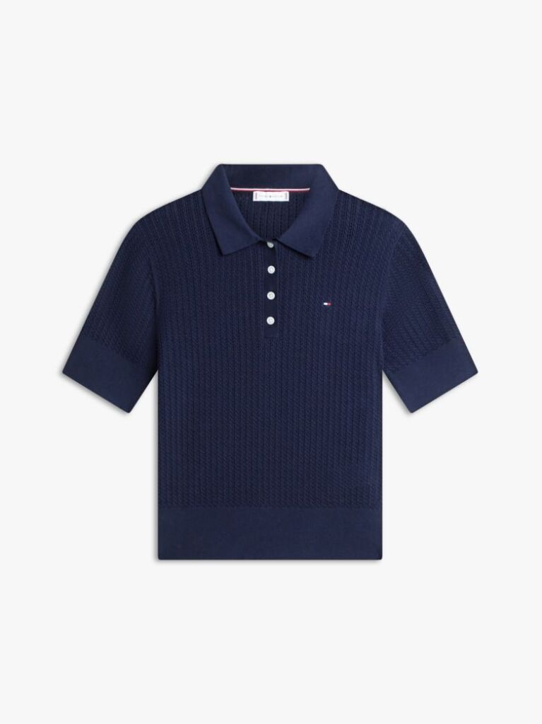 Blue Pointelle Short Sleeve Polo Jumper  Women