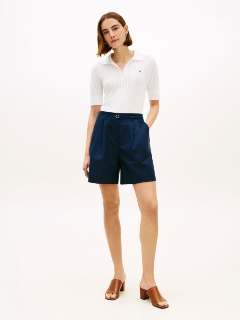 White Pointelle Short Sleeve Polo Jumper  Women